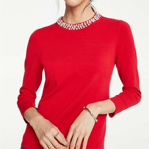 Ann Taylor Womens Red Sweater XS Crystal Embellishments Jewelled Holiday Preppy - Picture 1 of 16